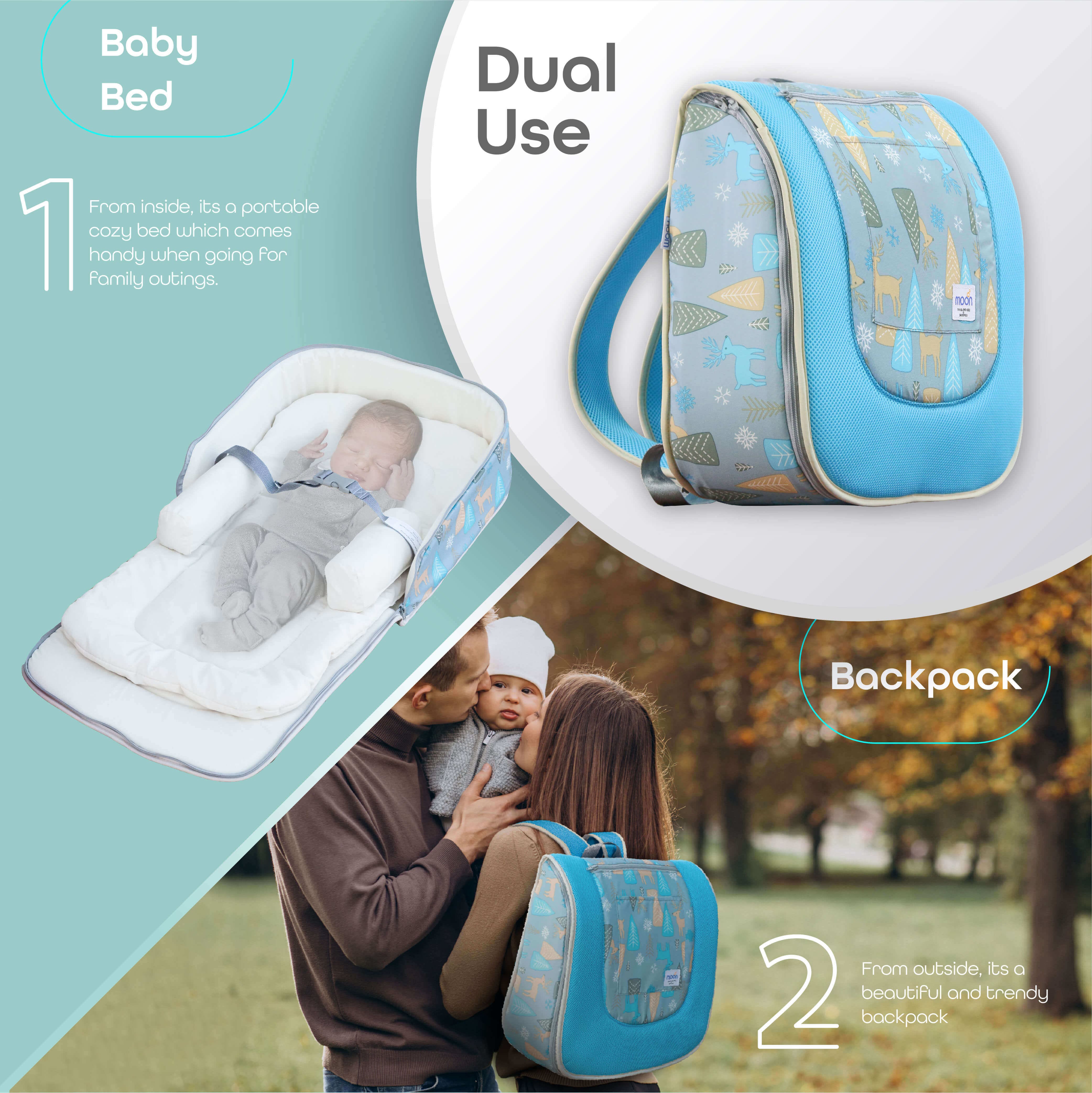Moon Travalo Deer Print Portable Travel Baby Bed & Backpack Bag, Multicolour